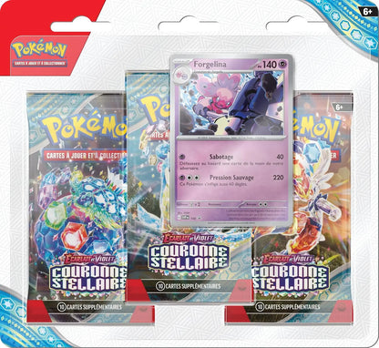 Blister de 3 boosters Forgelina Écarlate et Violet – Couronne Stellaire (3 boosters et 1 Carte Promo Brillante) - Pikadi Collect