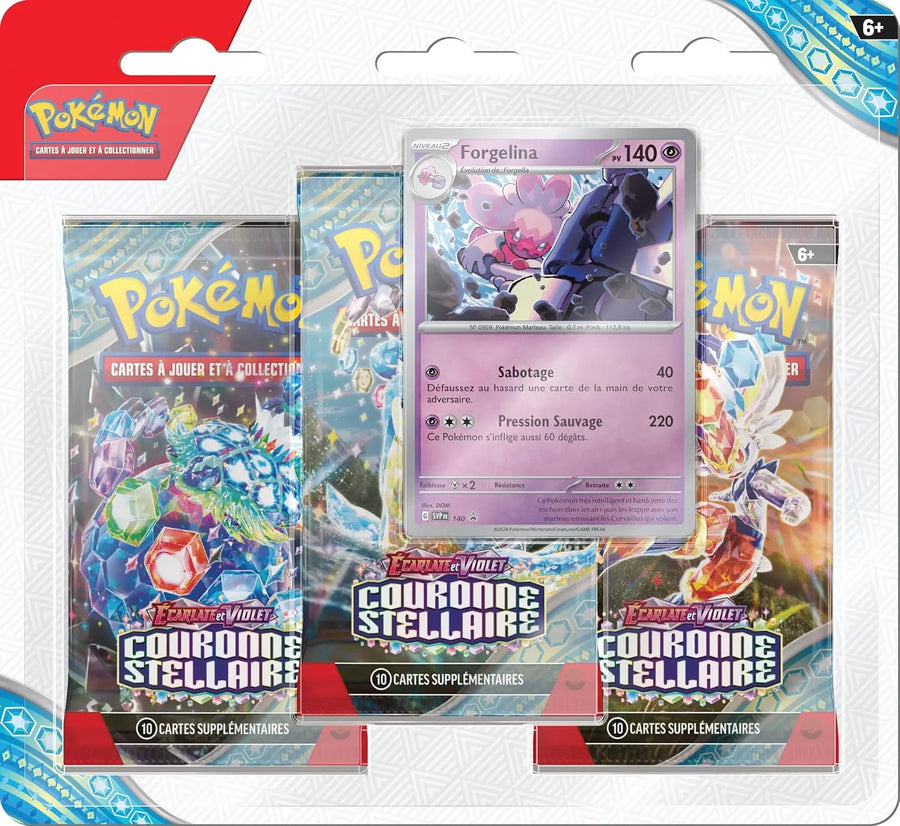 Blister de 3 boosters Forgelina Écarlate et Violet – Couronne Stellaire (3 boosters et 1 Carte Promo Brillante) - Pikadi Collect